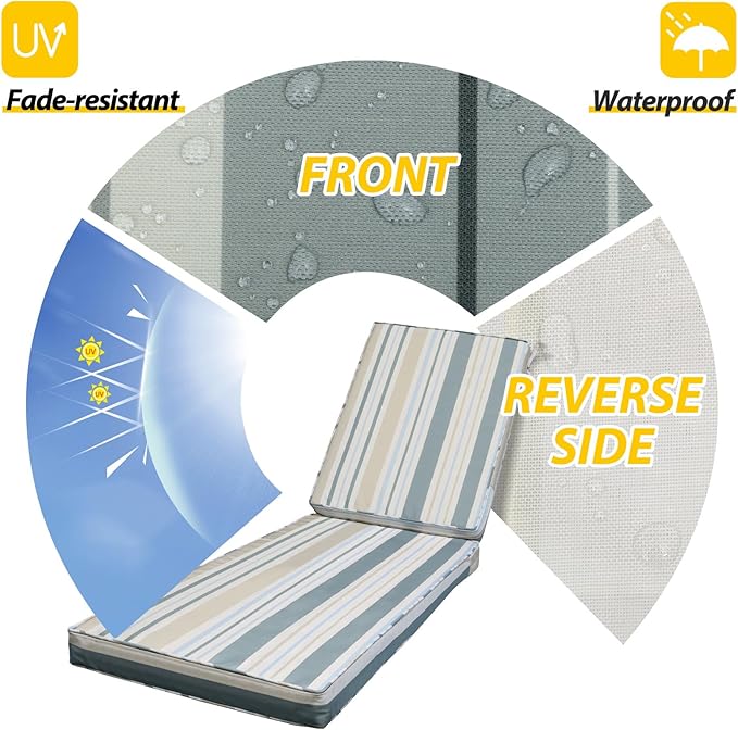 AAAAAcessories Outdoor Chaise Lounge Cushions, Fade-Resistant, Waterproof Patio Furniture Replacement Cushions, 74" x 23" x 3", Slate Gray Blue Coastal Stripe