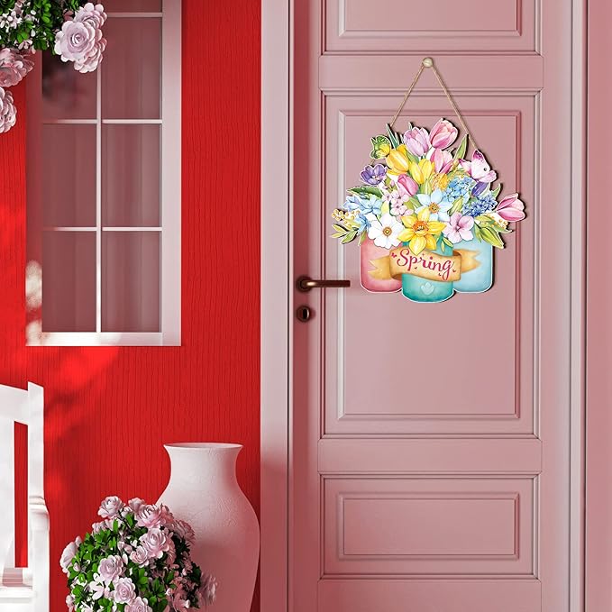 Juexica Spring Decorations for Home Spring Wreaths for Front Door Welcome Sign Door Hanger Decorations Rustic Flower Wall Decor for Easter Party Outdoor Indoor Decor