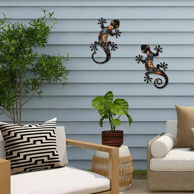 Metal Gecko Outdoor Wall Art, 2 Pcs 11.8 inch Gecko Wall Hanging Sculpture Decorations for Indoor or Outdoor, Garden Yard Fence Balcony Porch Home Wall Decor, Black Metal Wall Art Decor