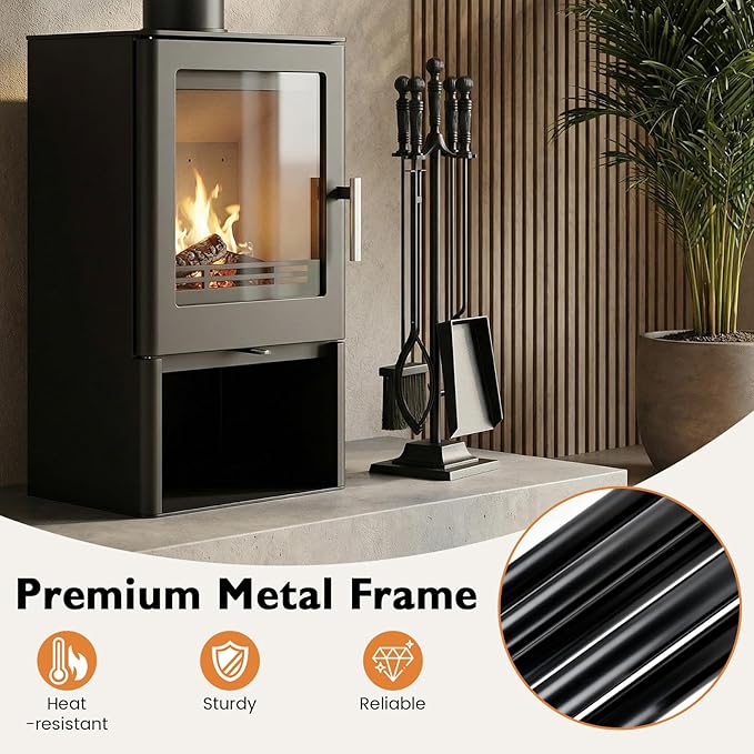 Tangkula 5-Pieces Fireplace Tool Set, 4-in-1 Indoor Outdoor Fire Place Set Tools with Poker, Tongs, Brush, Shovel and Square Stand, Metal Firepit Tool Set with Aluminum Handles, Black