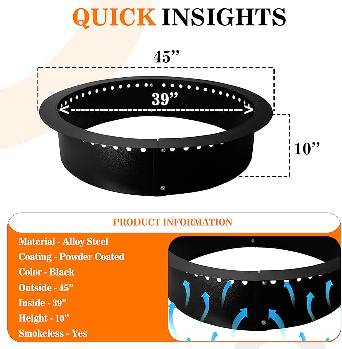 FEBTECH - Smokeless Fire Pit Insert - Steel 45" Round Foldable Fire Pit Ring with Air Vents and Coller Support - DIY Fire Ring in or Above Ground for Patio Outdoor Garden Bonfire Camping Accessories