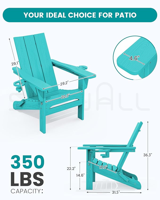 SERWALL Modern Adirondack Chair Set of 4, Folding Adirondack Chair with Cup Holders, Outdoor HDPE Adirondack Chair, Teal