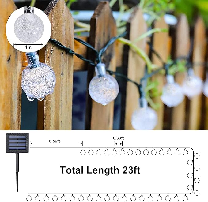 Solar String Lights, Small Crystal Ball Light，Outdoor String Light 60 LED 40ft 8 Lighting Modes Waterproof Solar Powered Patio Solar Light for Garden Yard Porch Wedding Party Decor (Pure White)