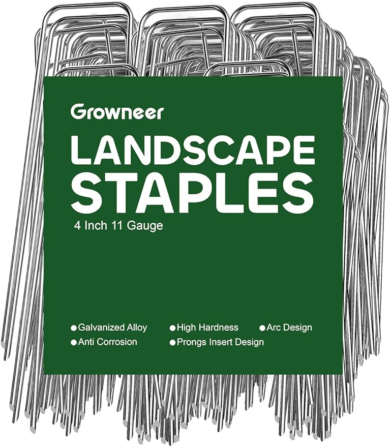 GROWNEER 100 Pack Landscape Staples 4 Inch 11 Gauge Heavy Duty Hot-Dip Galvanized Steel Garden Stakes U-Shaped Weed Barrier Spikes Metal Ground Pins for Lawn and Yard Landscaping