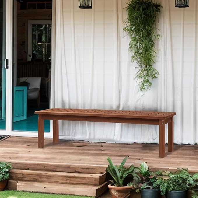 VINGLI Outdoor Wooden Bench, 45” 2-Person Backless Dining Bench, Weatherproof Outdoor Patio Bench for Porch Entryway Garden (2, Brown)