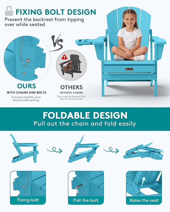 SERWALL Folding Adirondack Chair, Outdoor Adirondack Chairs with 4 in 1 Cup Holder, Wood Texture, Weather Resistant Plastic Patio Fire Pit Chairs for Garden, Backyard, Deck, Lawn - Light Blue