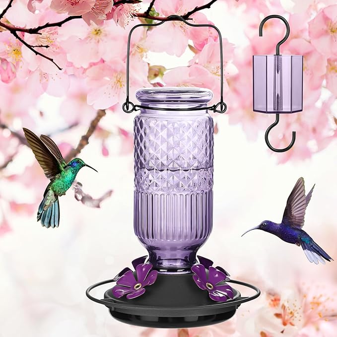 FEED GARDEN Glass Hummingbird Feeder for Outdoors Hanging, 16 OZ Humming Bird Feeders with 4 Bee Guard Feeding Ports&Built-in Ant Moat, Hummingbird Gifts for Mom Bird Feeder for Outside, Purple,1 Pack