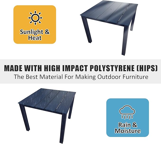 Poly Lumber Patio Dining Set, HIPS Outdoor 36.2-Inches Dining Table and Slat Back Chairs, with Umbrella Hole, Weather Resistant (5 Piece, Navy Blue)
