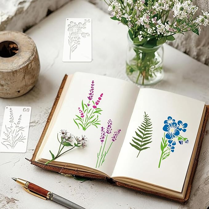 60pcs Small Floral Stencils for Painting on Wood Reusable Flower Wildflower Stencil Templates for Crafts Vine Herb Botanical Leaf Plant Stencils for Drawing on Wall Canvas Furniture(floral60)