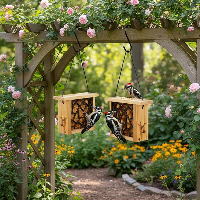 2pk Suet Bird Feeders with 2 Suet Cakes for Outside Clearance - Suet Cake Feeder for Outdoor - Hanging Birdfeeder for Suets - Hanging Cable Wire Weather Ability Cedar Wood Longterm Lasting