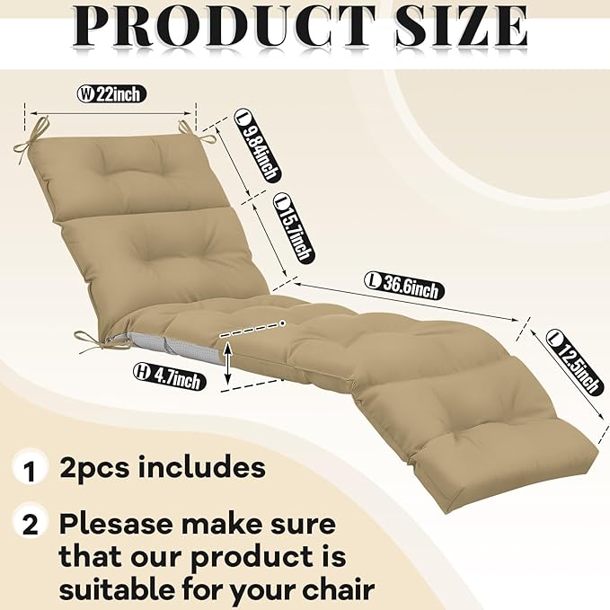 Kigley 2 Pcs Chaise Lounge Cushions 75 x 22 x 5 Inches Soft Brown Lounge Chair Cushion Spring/Summer Seasonal Replacement for Outdoor Indoor Home Office