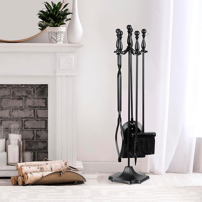 JupiterForce 5 Pieces Fireplace Tools Set Indoor Outdoor 31" Wrought Iron Large Fire Place Set Tools, Fire Pit Tools with Poker Shovel Tongs Brush and Stand, Black