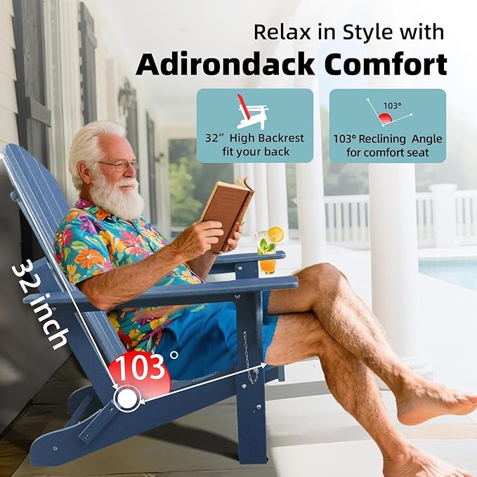 Folding Adirondack Chairs, HDPE Plastic Adirondack Chair with Cup Holder Weather Resistant, Wood Texture Outdoor Fire Pit Chairs for Patio Garden,Poolside and Deck, Umbrella Hole, Dark Blue