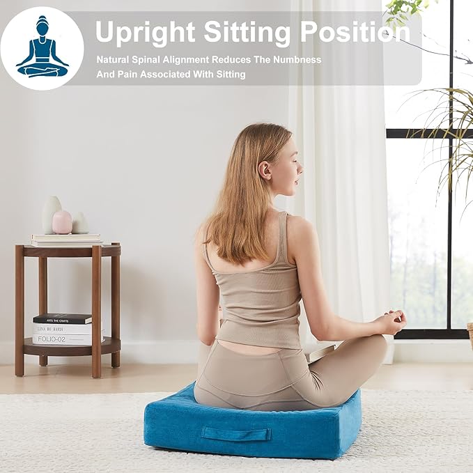 22 inches Floor Pillow for Adults - Large Meditation Cushion with Thick Foam & Soft Tufted Cover - Premium Outdoor Square Floor Cushion Seat - Yoga Pillow for Sitting On Floor - Peacock Blue