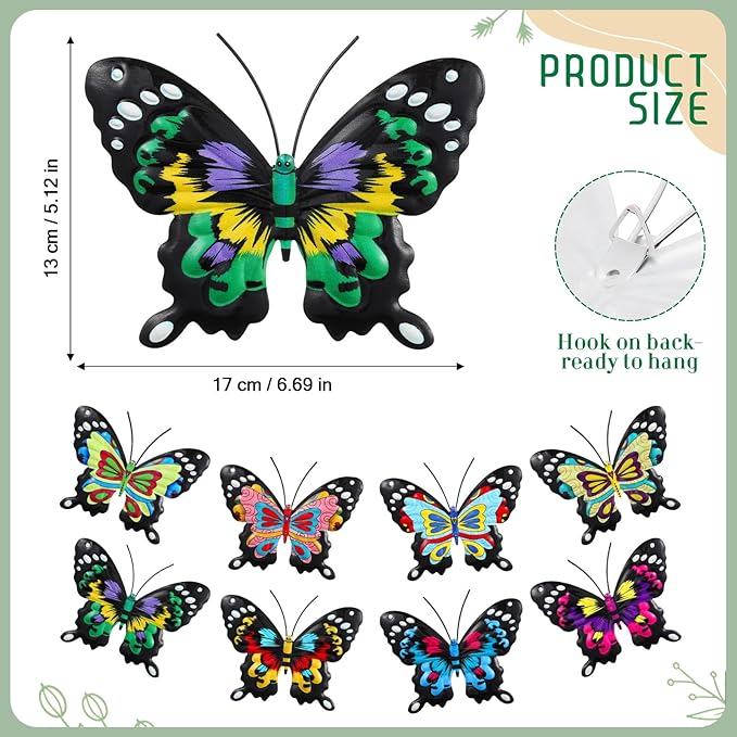 8 Pcs 3D Metal Butterfly Wall Decor 5. 12 x 6. 69 Inches Colorful Butterfly Hanging Wall Art for Garden Yard Living Room Bedroom Patio Balcony Outdoor Fence Decoration(Stylish Style)