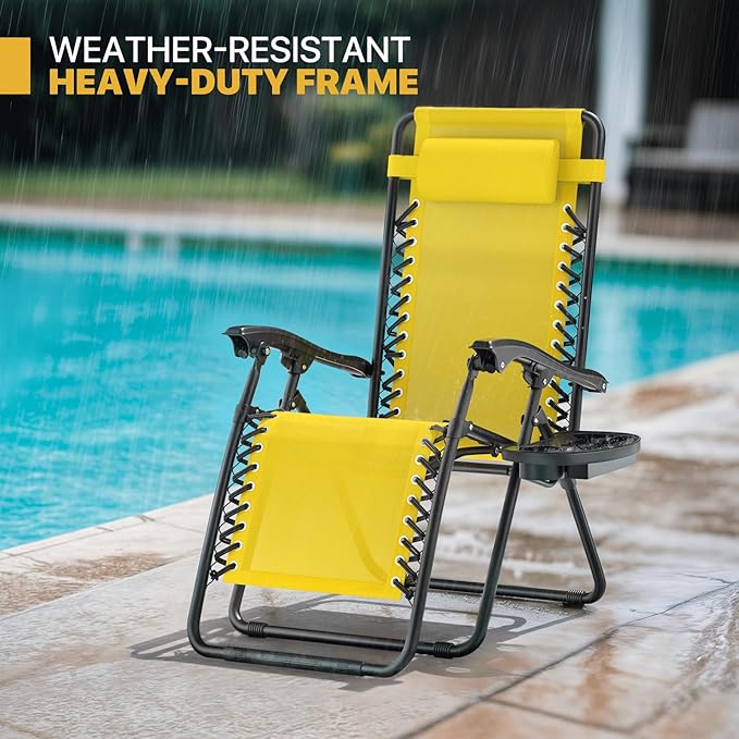 Magshion Zero Gravity Lounge Chairs Set of 2, Outdoor Patio Reclining Chair with Side Tray, Adjustable Anti-Gravity Recliners with Pillow Headrest, Folding Lounger for Lawn Camping Beach, Yellow