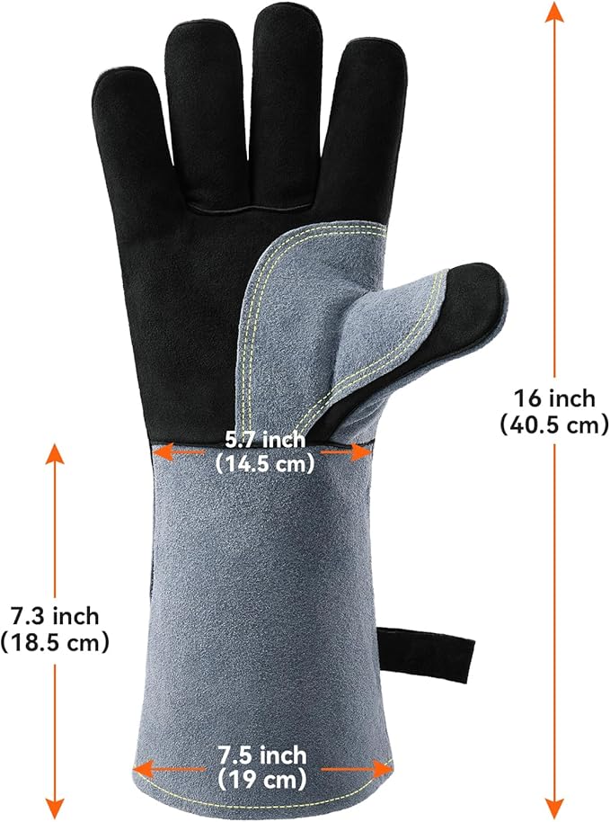 OZERO Welding Gloves for Men, Heat Resistant Gloves, 16-Inch Cowhide Leather Work Gloves, EN388/EN407/EN12477 Type A Certified, Reinforced Palm, Insulated Lining, Long Cuff for BBQ & Grill, Black-gray