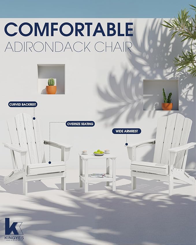 KINGYES Folding Adirondack Chair, HDPE All-Weather Patio Chairs, Wooden Textured Lawn Chair for Poolside, Backyard, Deck, Fire Pit, White