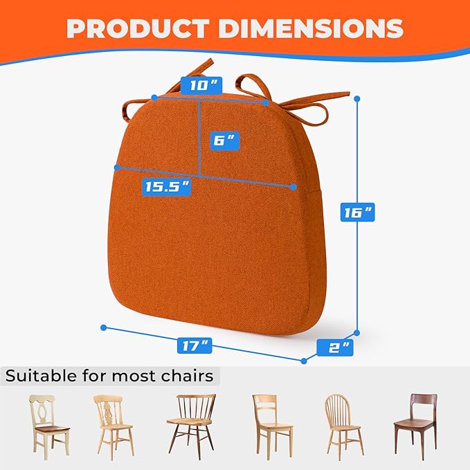 Chair Cushions for Dining Chairs, D-Shaped Seat Cushions with Removable Washable Cover and Ties, Chair Pads for Kitchen, Indoor Dining Room, Patio Chairs, 17'' x 16'', Set of 6, Orange