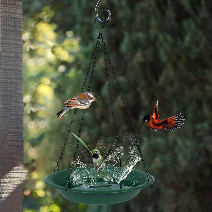 Bird Bath for Outside Heavy Duty, 14 inch BirdBath Bowl Only with 25” Rust-Proof Black Chains for Outdoor, Hanging Bird Bath Hanging Bird-Feeder for Garden Backyard Decor (Green 1 Pack)