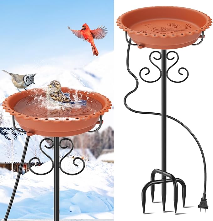 Heated Bird Baths for Outdoors,Upgraded 100W Thermostat Control Heated BirdBaths for Winter with Metal 5 Prong Base Heated Bird Bath for Outside Winter Garden Yard Patio Lawn (Brown)