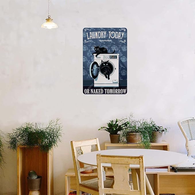 Funny Black Cat Metal Signs Cat Laundry Today Or Naked Tomorrow Vintage Tin Sign Retro Wall Decor for Laundry Room Bathroom Bedroom 8×12 Inches