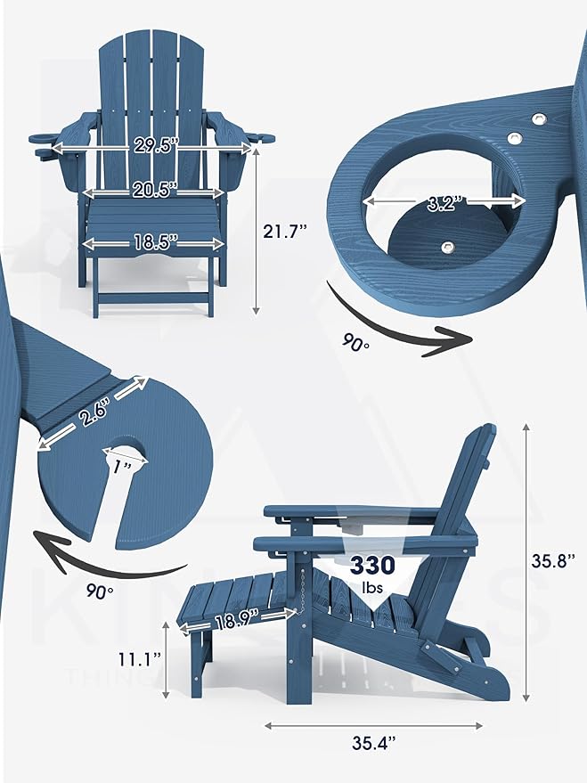 KINGYES Folding Adjustable Adirondack Chairs with Ottoman & 2 Cup Holders Set of 2, HDPE Adirondack Recliner Chair with Footrest, Blue