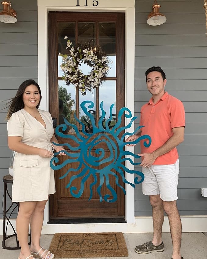 Riverside Designs Wacky Sun Metal Wall Art Indoor/Outdoor Decor - 12" Teal Rust Proof Wall Sculpture - Made in USA - Ideal for Bedroom, Garden, Home, Patio and Farmhouse
