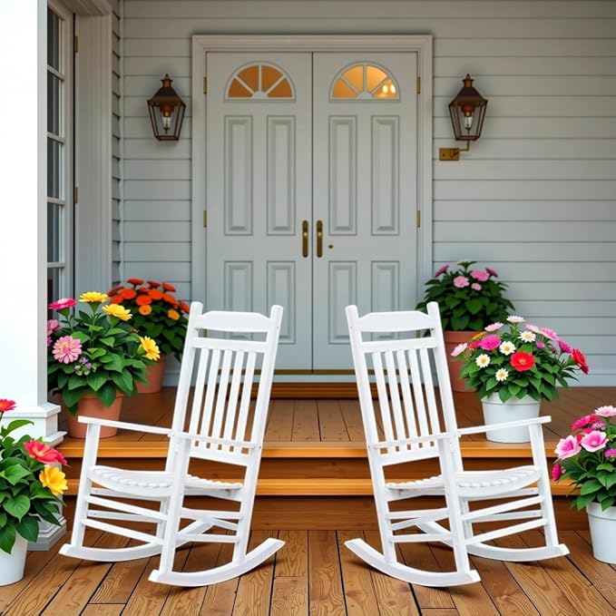 White Porch Rockers for Wooden Adults Furniture Set of 2 Outside Rocking Chair for Patio Lounge Balcony，Suitable for Indoor and Outdoor Use
