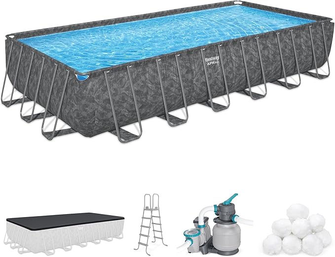Bestway APX 365 24' x 12' x 52" Above Ground Pool, Rectangular Metal Frame Outdoor Swimming Pool Set with Sand Filter Pump, Ladder, and Cover, Dark Marble