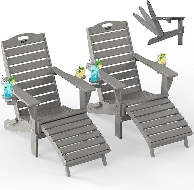 Ciokea Folding Adirondack Chair Set of 2 with Retractable Ottoman, Outdoor Fire Pit Chair with Pull Out Foot Rest Weather Resistant Lawn Patio Chair with 2 Cup Holder (Gray)
