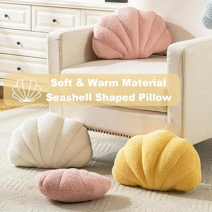 Seashell Throw Pillows Shell Shaped Pillow White Sea Shell Pillows for Bed Seashell Decorative Pillow Soft Plush Pillow Sea Couch Decoration(13 X 10 inch)