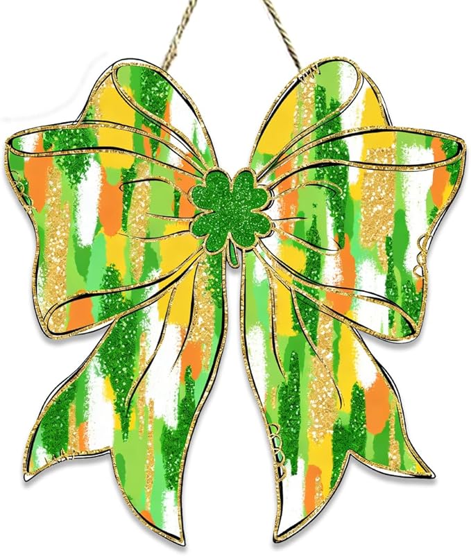 St Patricks Day Door Decorations, St Patricks Day Decorations, Shamrock Door Decoration, Gold Glitter Lucky Charm Shamrock Bow Wood Hanging Sign for Office Party Porch Yard Home Decor