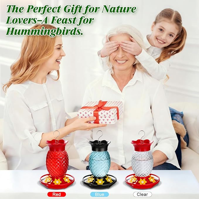 Glass Hummingbird Feeders for Outdoors Hanging Ant and Bee Proof 16OZ 1 Pack Red Pineapple Humming Bird Feeder with 6 Feeding Ports and Ant Moat Hummingbird Gifts for Women Garden Decor