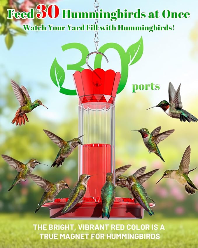Hummingbird Feeders for Outdoors - 30 Bee Proof Feeding Ports 10 oz Red Hanging Plastic Humming Bird Feeder with Built-in Ant Moat, Perches for Outside Garden Yard Decorative