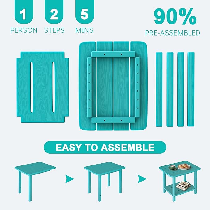 3-Piece Folding Adirondack Chair Set - 38" Extra Tall Back & Embossed Wood Grain, Oversized HDPE Patio Furniture with Side Table & Cup Holders, 380lb Heavy Duty, Aruba Blue