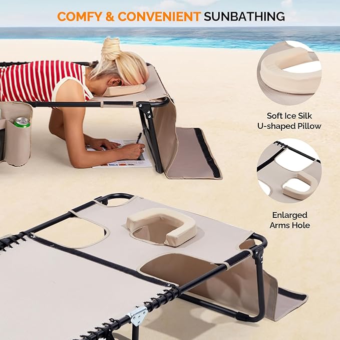 Bonnlo Oversized Folding Tanning Chair with Face Hole & Carrying Bag,Beach Lounge Chair Outdoor for Adults, Portable Sunbathing Recliner,Laying Out Chairs for Tanning Lounger Outside,Supports 265 lbs