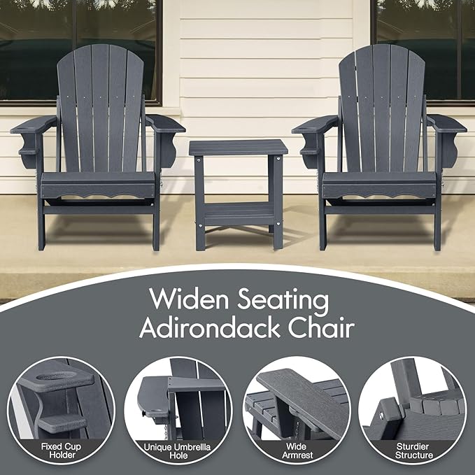 Folding Adirondack Chairs, Oversized HDPE Adirondack Chairs with Side Table and Cup Holder, Outdoor Fire Pit Chairs for Patio Garden and Backyard, Deck, Grey