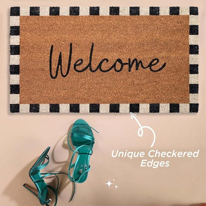 Folkulture Welcome Matt Outdoor | 16 x 28 Door Mats for Front Door Mat Outside Entrance | Eco Friendly | Welcome-Mats Cute | Checkered Coir Door Mats | Outdoor Decor for Home | Durable & Anti Slip