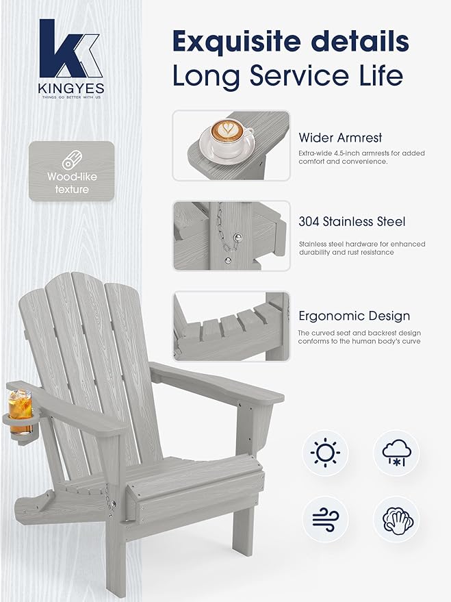 KINGYES Folding Adirondack Chair, HDPE All-Weather Patio Chairs with Cup Holder, Wooden Textured Fire Pit Chairs for Poolside, Backyard, Deck, Silver Grey