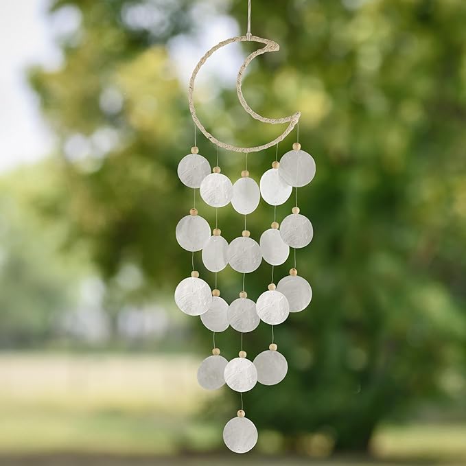 Capiz Wind Chimes for Outside, Outdoor Seashell Hanging Beach Coast Ocean Home Decorative, Translucent White Shell with Wood Beads Waterfall Windchimes for Summer Patio, Window, Porch, Memorial Gift
