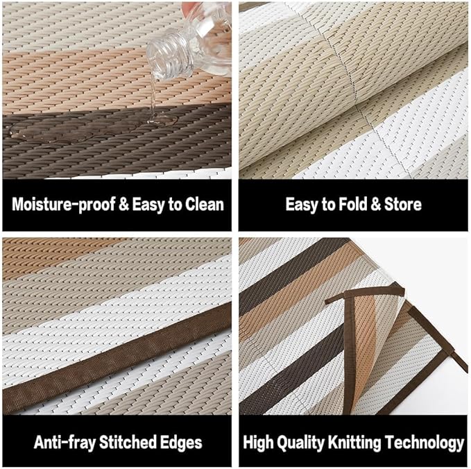HUGEAR Outdoor Waterproof Rug 5'x8' Plastic Straw Rugs Washable Reversible Floor Mat Brown Stripe Carpet for Camping RV Deck Entryance Porch Picnic Balcony Beach Backyard