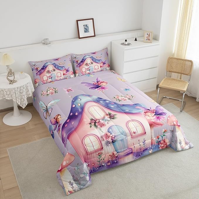 Erosebridal Fairy Garden Toddler Bedding Set,Dreamy Fairy Butterfly Comforter Set for Girls Kids,Cute Pink Floral Comforter,Kawaii Mushroom Flower Bedroom Room Decor,1 Pillowcase Breathable