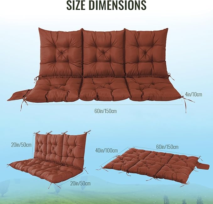 NACATIN 3 Seat Cushion for Outdoor Swing - 60x40 inches, 4" Thick Porch Swing Cushions with Ties and Storage Bag, Waterproof Bench Cushions for Patio, Outdoor, Backyard and Garden (Dark Brown)