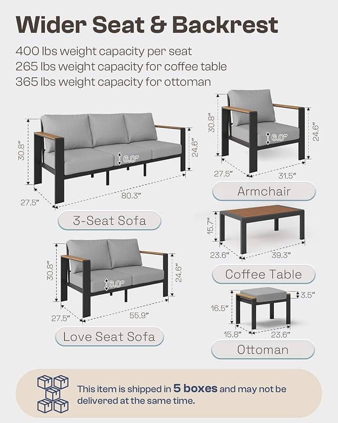 Aluminum Outdoor Patio Furniture Set with Coffee Table, 7 Piece Patio Conversation Sets with Thick Cushion, Ottomans, Patio Sectional Furniture Set for Porch, Balcony, Deck, Yard, Gray