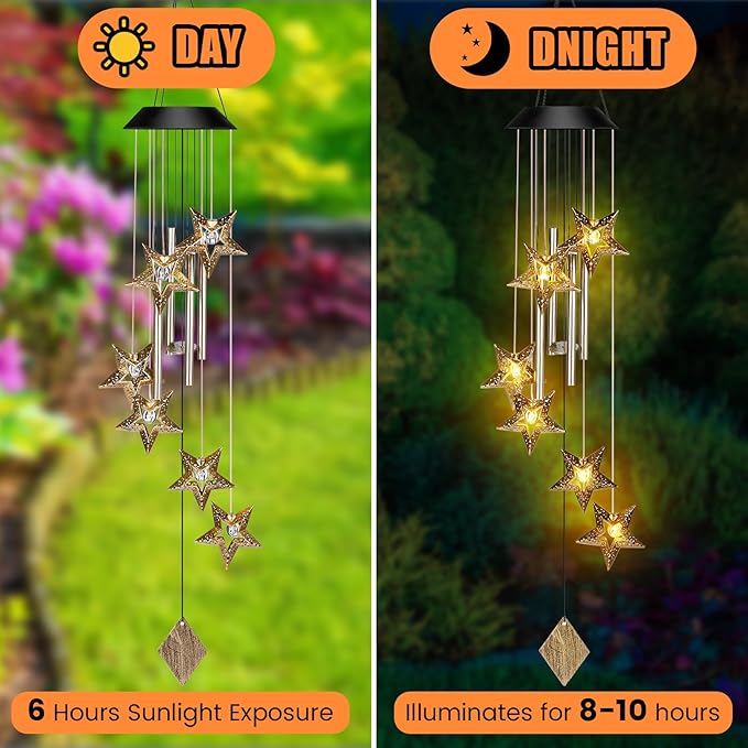 Solar Wind Chimes for Outside Waterproof Hanging Wind Chimes Lights Outdoor Decor Yard Garden Gifts for Mother Mom Grandma Wife Neighbors(Star,Warm Colored Lights)