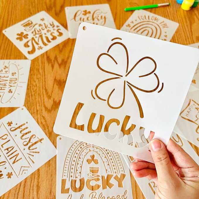 12PCS 6" St. Patricks Stencils for Painting, Plastic St Patricks Day Decoration Stencils for Crafts Reusable, Suitable for Painting on Face Fabric Wood Car & Gift Card
