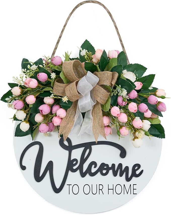 3D Spring Summer Welcome Wreaths for Front Door, Wood Door Hanger,Floral Porch Decor,Wall Plaque, Pink Flower Wreath,Farmhouse White Welcome Sign for Front door-13