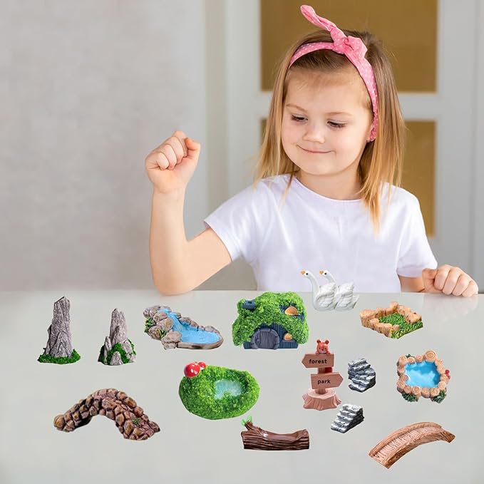 45 Pcs Resin Mini Garden Accessories - Miniature Landscape Decorations with Mini Bridge Pond Mountain House Figurines Swan Ladybug Butterfly Flower Figures Bulk for Dollhouse Garden Craft