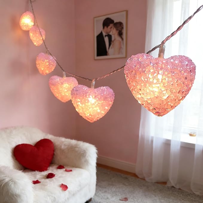 Valentines Heart Decoration Lights, 9.8 Ft Valentine String Lights Battery Operated 20 LED Pink Shining Love Shape Lights , Valentines Heart Light for Indoor Outdoor Wedding Bedroom Valentine Decor
